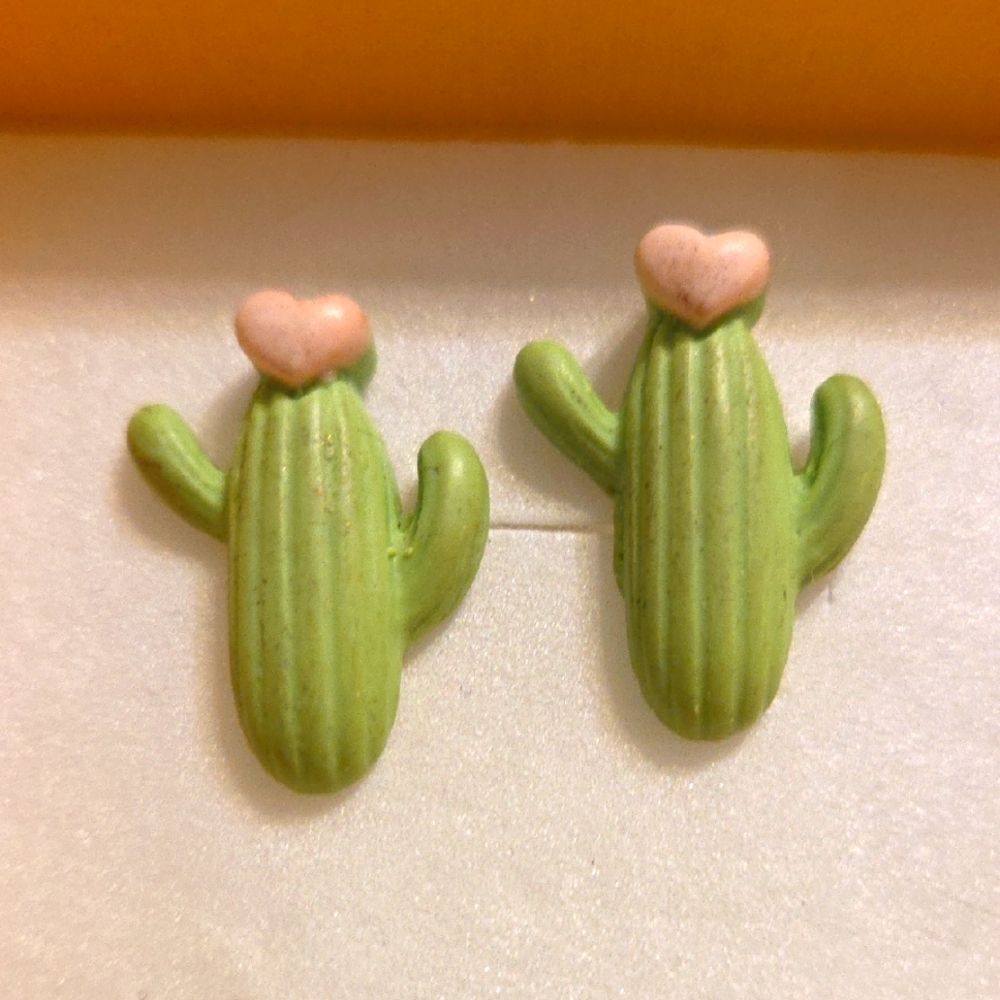 Cactus And Pink Heart Stud Earrings